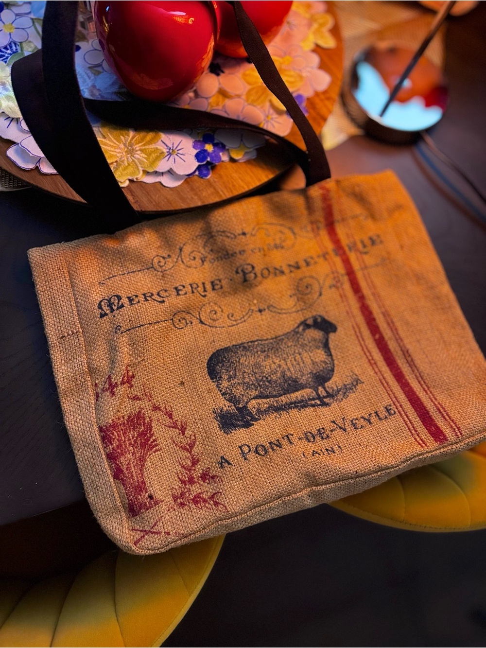 Vintage-Inspired Jute Tote Bag with French Farmhouse Sheep Textile Print